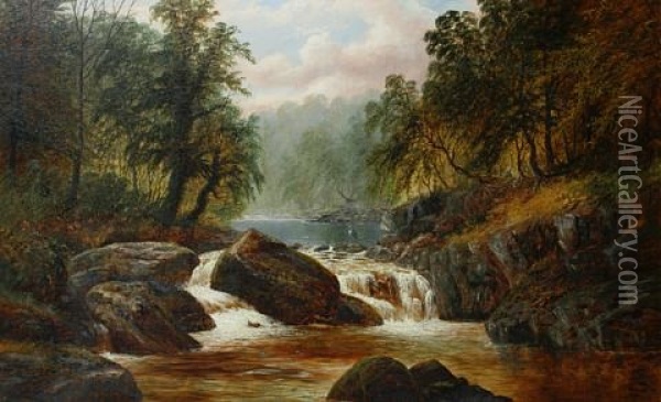 A Wooded River Scene With A Heron Perched On The Rocks Oil Painting - William Mellor