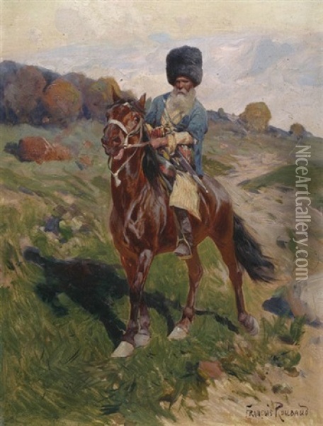 Kosake Zu Pferd In Berglandschaft Oil Painting - Franz Roubaud