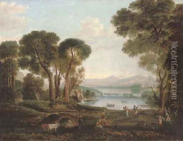 An Italianate river landscape with figures dancing and making music on a bank, a town beyond Oil Painting - Claude Lorrain (Gellee)