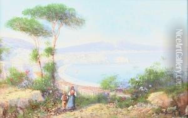 View Of Naples, And Another A Terrace Above The Bay Of Naples, A Pair Oil Painting - Gianni