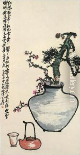 Tea Set And Plum Blossoms Oil Painting - Wu Changshuo