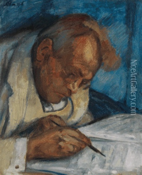 Max Reger, Schreibend (vi) Oil Painting - Franz Noelken