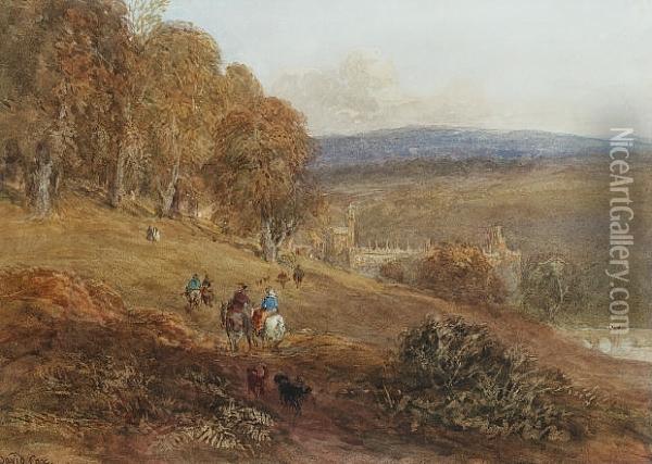 The Hawking Party Approaching Haddon Hall, Derbyshire Oil Painting - David I Cox