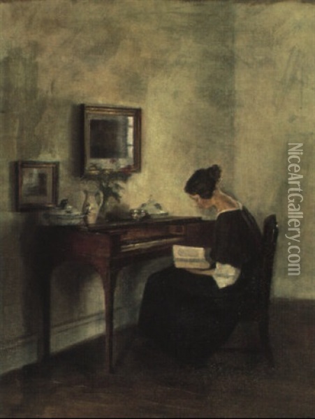 Interior Med Ung L+sende Kvinde Ved Klaveret Oil Painting - Carl Vilhelm Holsoe