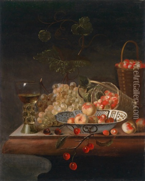 Ein Stillleben Von Trauben, Einem Romer, Einer Wan-lischale Und Fruchten Auf Einer Steinplatte Oil Painting - Barend van der Meer