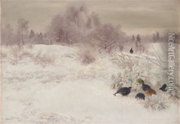 Winter Landscape With Birds Oil Painting - Bruno Liljefors