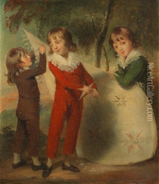 The Three Vandergucht Children With A Kite In A Wooded Landscape Oil Painting - Sir William Beechey