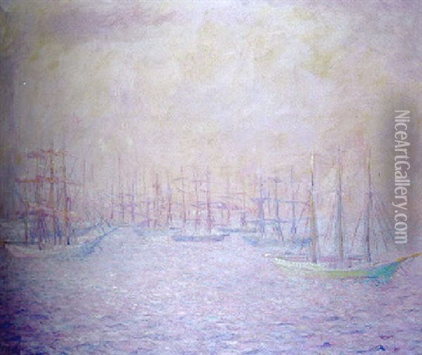 Goelettes Dans Le Port De New York, Effet En Rose Oil Painting - Theodore Earl Butler