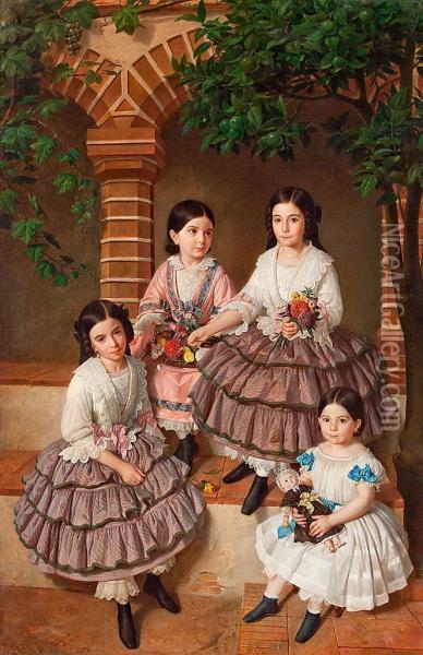 Retrato De Las Ninas De La Familia Coronas (joaquina, Mercedes, Rosa Y Gertrudis) Oil Painting - Joaquin Espalter Y Rull