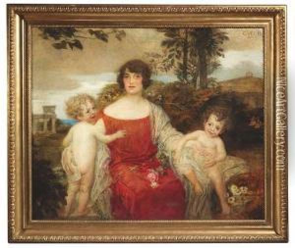 Veith, Eduard. An Elegant Lady With Her Two Children In Front Of A Landscape Oil Painting - Eduard Veith