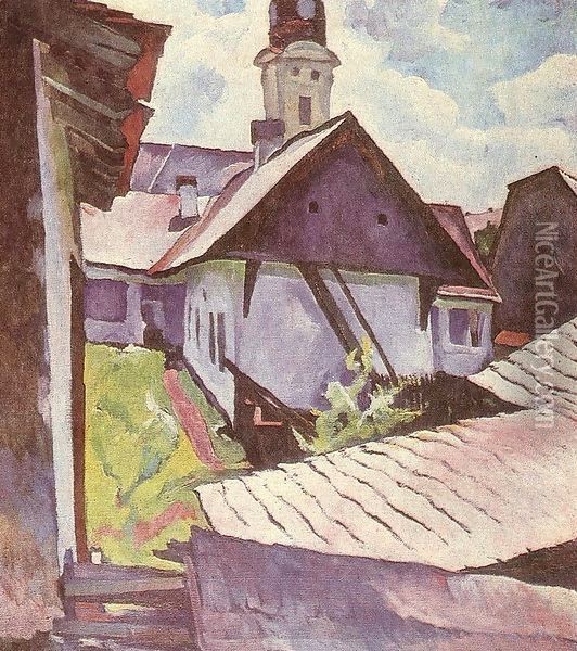 Houses at Nagybanya 1930s Oil Painting - Robert King