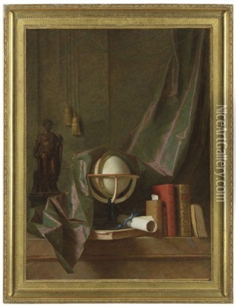 A Globe, Books And Statuette On A Ledge In An Interior, Veiled By A Curtain Oil Painting - Thomas Germain Joseph Duvivier