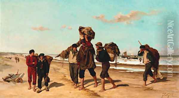 The returning fishermen Oil Painting - Felix Cogen