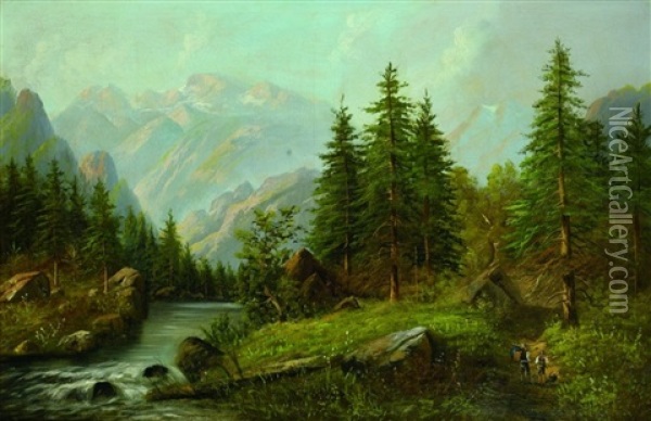 Gebirgslandschaft Mit Einem Fluss Oil Painting - Anton Huebner
