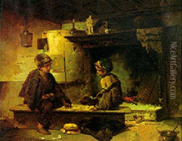 Urchins By The Hearth Oil Painting - Domenico Induno