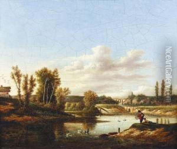 Landschaft Mit Zwei Anglern An Einem Teich. Oil Painting - Lazare Bruandet