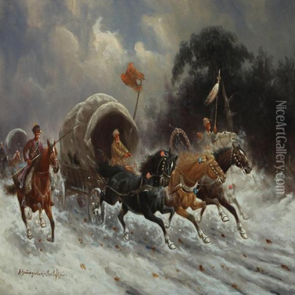 Cossacks Attacking A Caravan Oil Painting - Adolf Baumgartner
