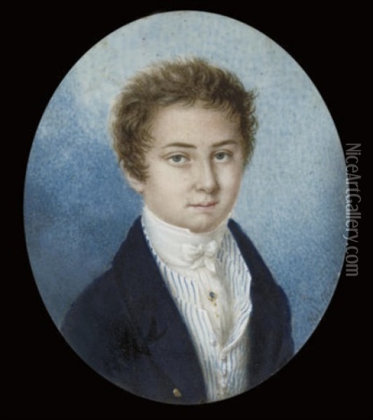 A Young Boy, In Open Blue Coat, Blue Striped White Waistcoat Oil Painting - Robert Theer