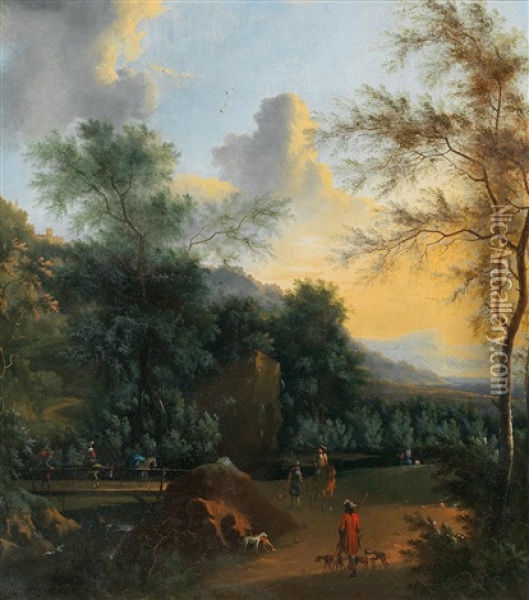 A Landscape Featuring Hunting Scenes Oil Painting - Timotheus De Graef