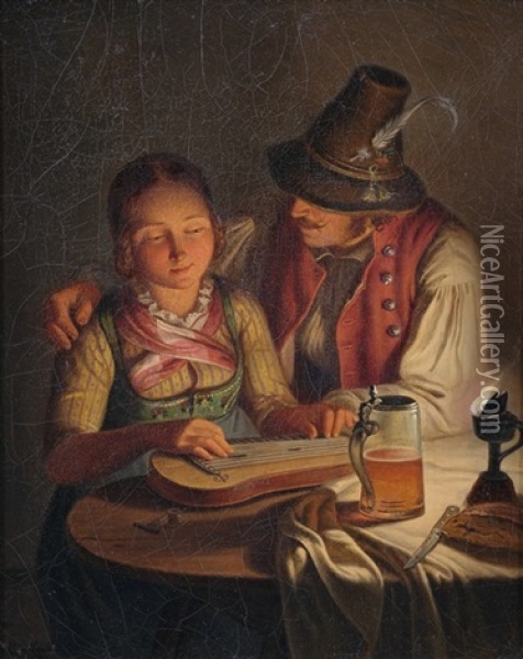 Bauernpaar Beim Zitherspiel Bei Lampenschein Oil Painting - Carl Friedrich Moritz Mueller