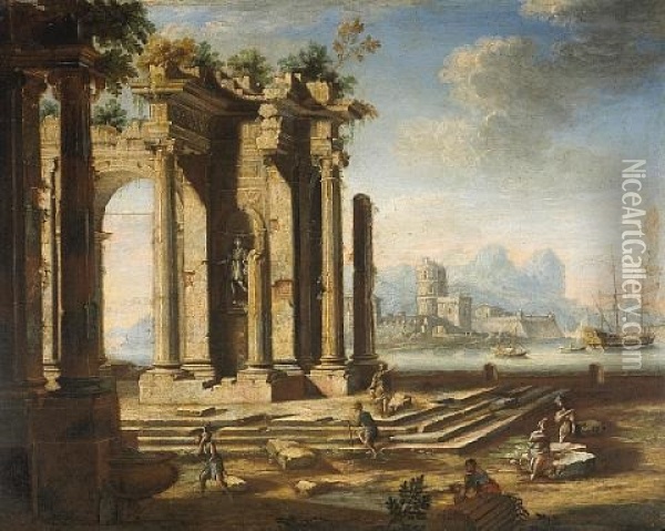 Classical Ruins With A Seascape In The Distance Oil Painting - Gennaro Greco