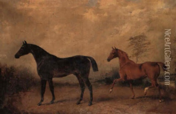 Study Of A Bay Hunter And A Chestnut Hunter In A Wooded River Landscape Oil Painting - Henry Barraud