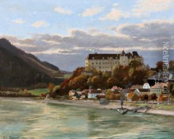 Blick Auf Grein A. D. Donau Mit Der Uber Dem Ort Liegenden Greinburg Oil Painting - Otto Recknagel