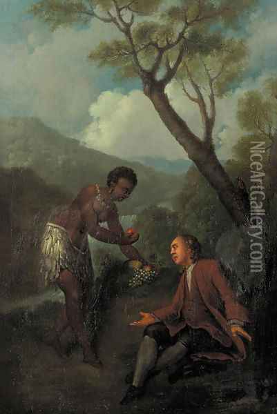 A moor servant offering fruit to a gentleman seated by a tree in a mountainous landscape Oil Painting - Jean-Baptiste Oudry