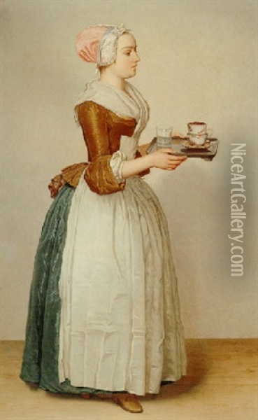 Serving Woman Carrying A Tray With A Cup Of Hot Chocolate Oil Painting - Jean Etienne Liotard