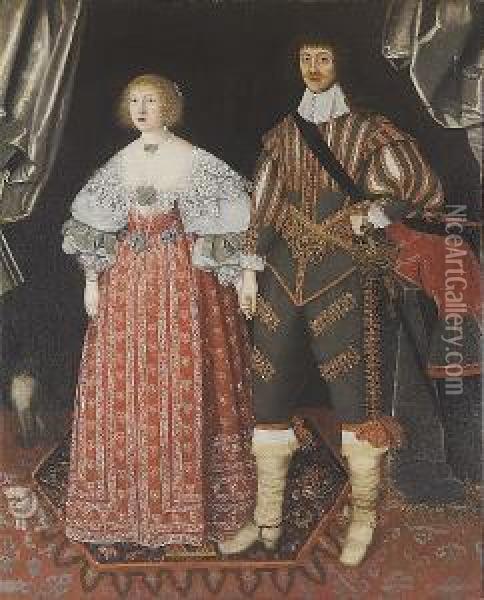 Portrait Of Lord And Lady Poulett Of Hinton Saint George , Full Length, She Wearing A Red Dress With A White Lace Collar, He Wearing A Grey Doublet Emroidered With Gold, A Sword At His Side Oil Painting - John Souch