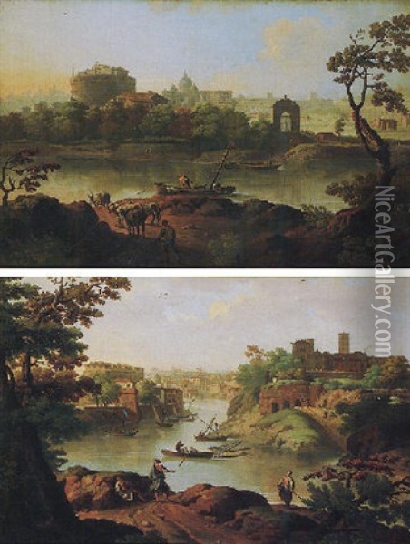 Rome, A View Of The River Tiber Oil Painting - Paolo Anesi