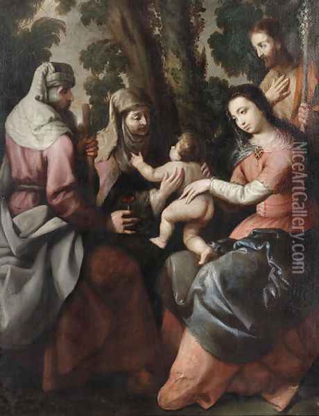 The Holy Family with Saints Anne and Joachim Oil Painting - Spanish School