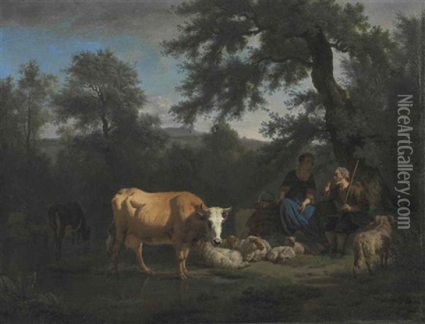 A Wooded River Landscape With Cattle Watering And A Shepherd And Shepherdess Resting Beneath A Tree Oil Painting - Adriaen Van De Velde
