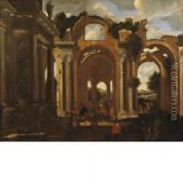 Capriccio Architettonico Con La 
Basilica Di Costantino, Viandantialla Fonte E Altre Figure Oil Painting - Viviano Codazzi