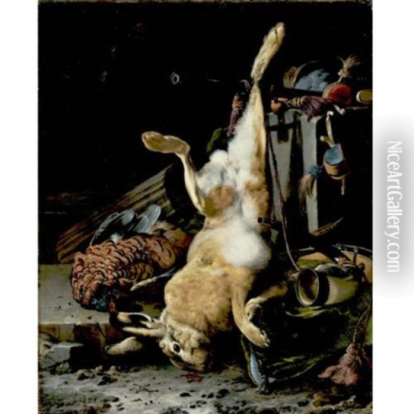 A Game Still Life With A Hung Hare, A Pheasant, A Horn, A Musket Barrel And Other Objects In A Classical Niche Oil Painting - Melchior de Hondecoeter