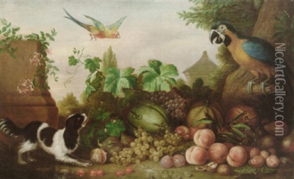 A Macaw, A Parakeet And A Spaniel By Fruit In A Landscape Oil Painting - Jakob Bogdani