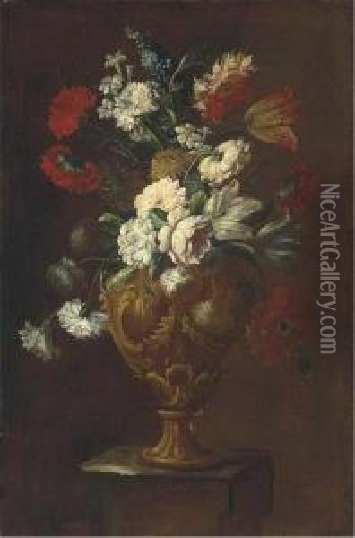 Parrot Tulips, Roses, Carnations And Other Flowers In A Sculptedvase On A Pedestal Oil Painting - Elisabetta Marchioni Active Rovigo