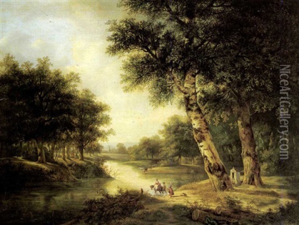 Figures Crossing A Stream In An Extensive Wooded Landscape Oil Painting - Felix Bovie