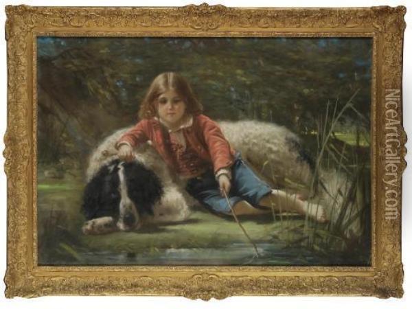 A Boy With His Sheepdog, Fishing Oil Painting - Pierre Adolphe Huas