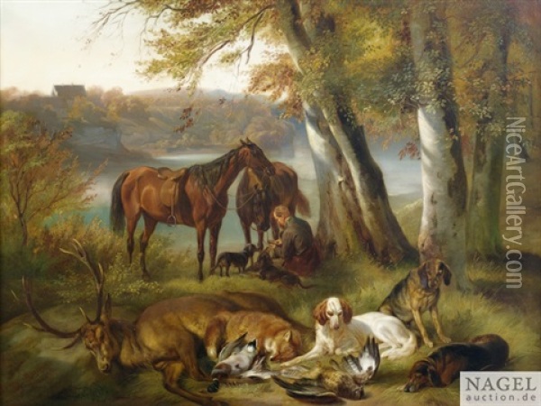 Nach Der Jagd. Hunde Bewachen Die Jagdbeute, Im Hintergrund Ein Jager Mit Zwei Pferden Oil Painting - Adam Benno