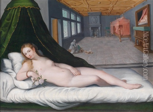 Die Venus Von Urbino In Einem Flamischen Interieur Oil Painting - Ambrosius Francken the Younger