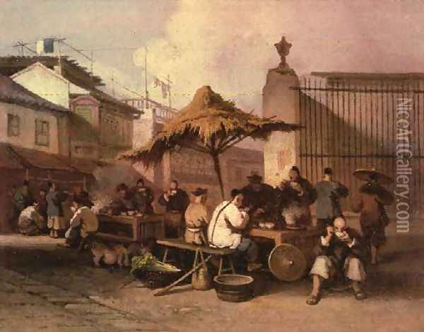 A Group of Chinese eating outside church of San Domingo Oil Painting - George Chinnery