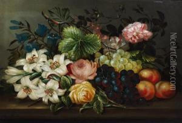 Roses, Lilies, Black And Green Grapes, Andpeaches On A Ledge Oil Painting - Edwin Steele