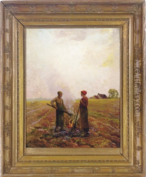 Burning The Fields Oil Painting - Aime Perret