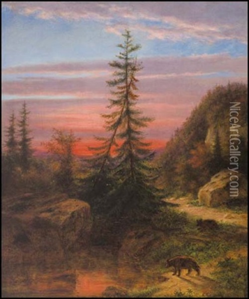 Bears Foraging At Sunset Oil Painting - Cornelius David Krieghoff