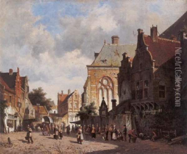 A View Of A Dutch Sunlit Town Oil Painting - Adrianus Eversen