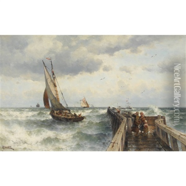 Sturmische See Mit Anlegesteg Und Segelschiffen Oil Painting - Theodor Alexander Weber