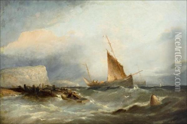 Myrsky Guernseyn Rannikolla. Oil Painting - Walter Williams