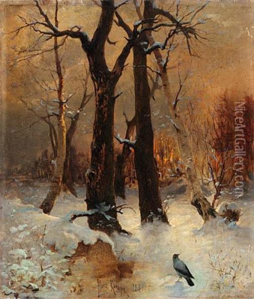 Pejzaz Zimowy Z Wrona Oil Painting - Juliusz Klewer