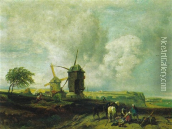 Kustenlandschaft Mit Windmuhlen Oil Painting - Adolf Kaufmann